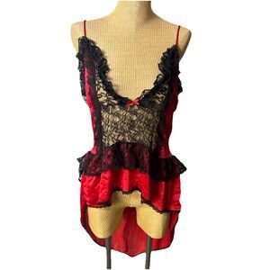 VTG Stroke Of Midnight Red Black Lace Sheer Lingerie Babydoll Dress Hi Low Large